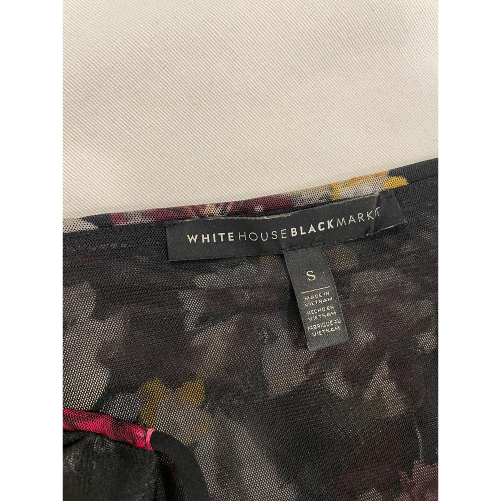 White House Black Market Floral Mesh Ruffle Tie Neck Blouse Black Burgundy Small - Picture 8 of 8